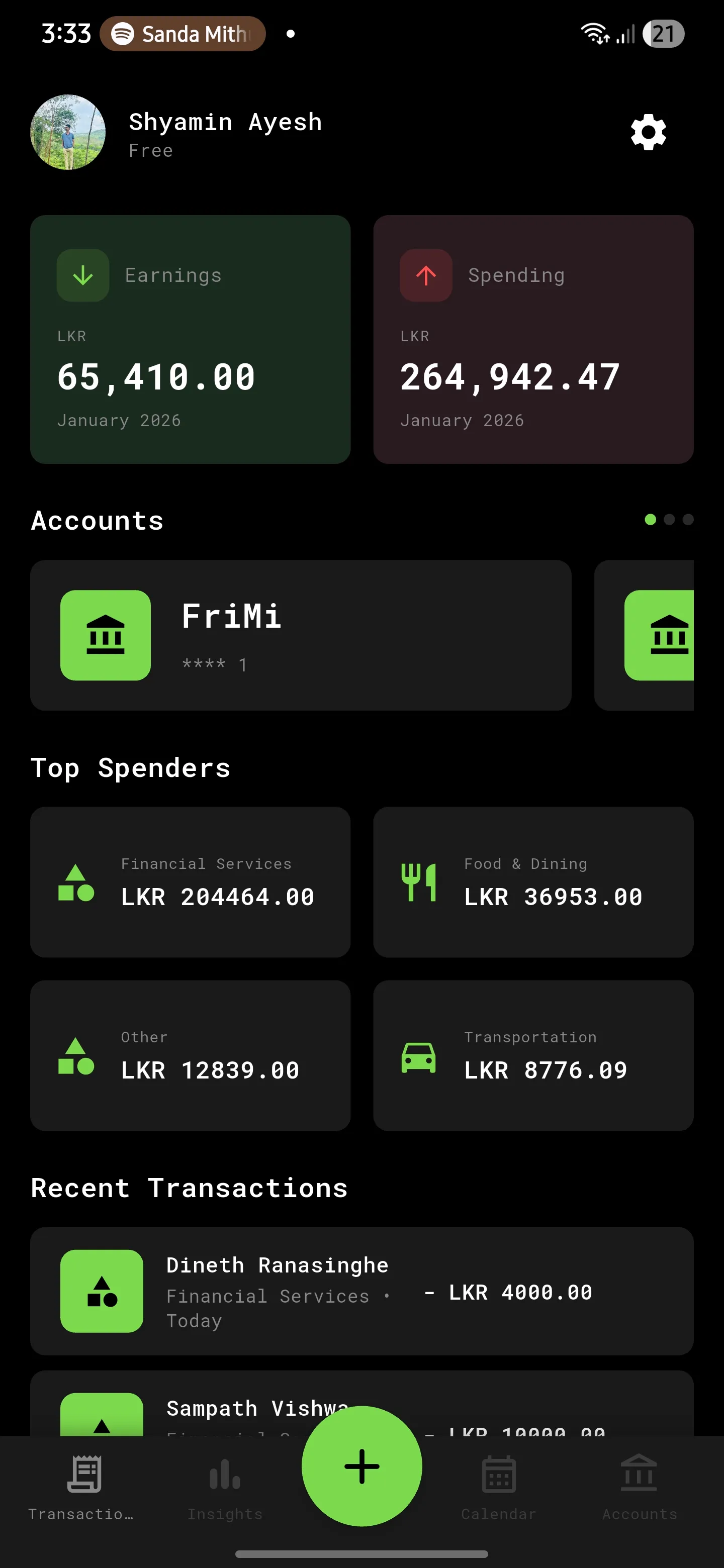 Evinta app home screen showing expense tracking dashboard