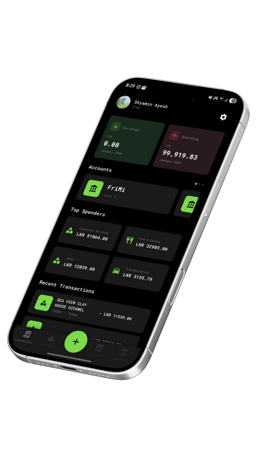 Evinta AI-powered expense tracker mobile app interface showing automatic SMS transaction reading and categorization